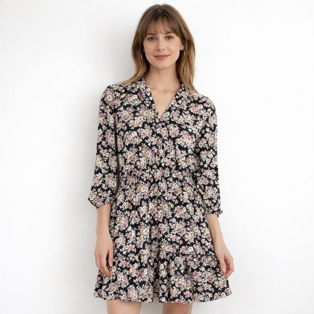 Drew Floral Smocked Waist Mini Dress XS Black Boho Romantic